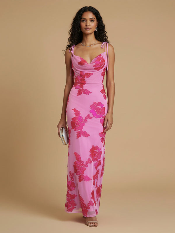 Chiffon Floral Mermaid Cowl Neck Long Elegant Bridesmaid Dresses