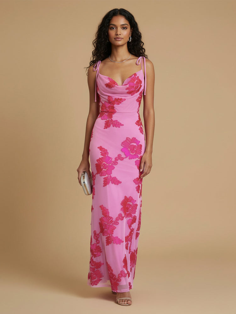 Chiffon Floral Mermaid Cowl Neck Long Elegant Bridesmaid Dresses