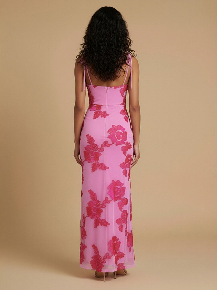 Chiffon Floral Mermaid Cowl Neck Long Elegant Bridesmaid Dresses