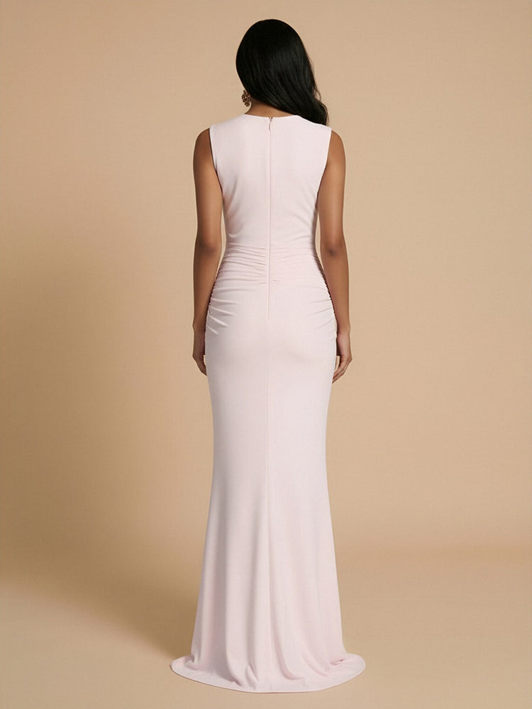 Jersey Mermaid Scoop Neck Long Bridesmaid Dresses with Sash