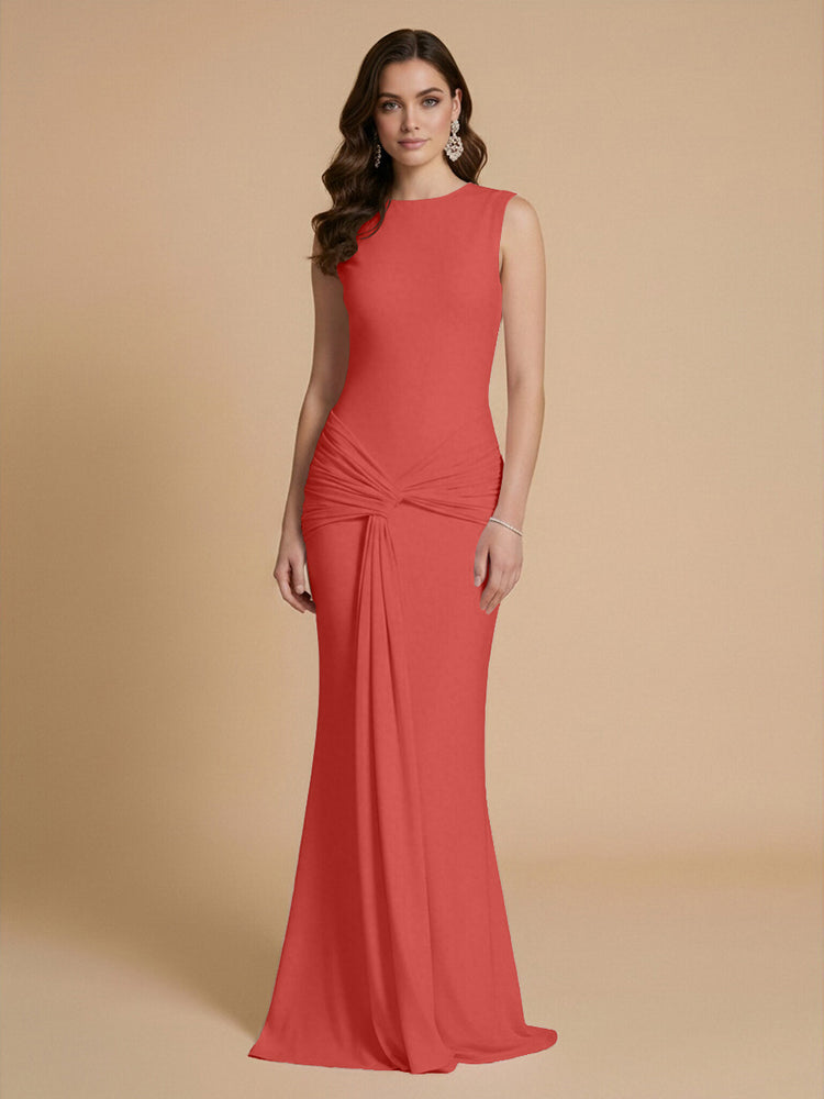 Jersey Mermaid Scoop Neck Long Bridesmaid Dresses with Sash