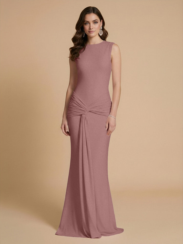 Jersey Mermaid Scoop Neck Long Bridesmaid Dresses with Sash