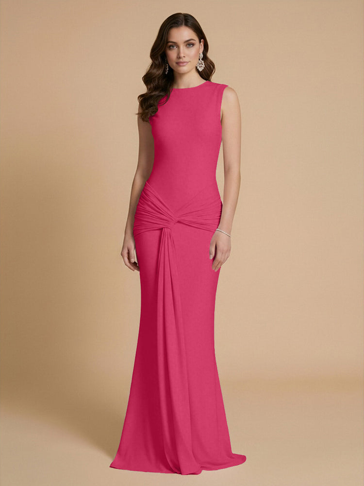Jersey Mermaid Scoop Neck Long Bridesmaid Dresses with Sash