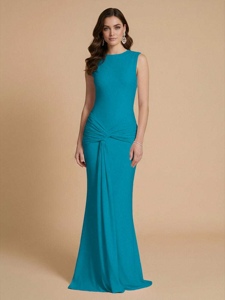 Jersey Mermaid Scoop Neck Long Bridesmaid Dresses with Sash