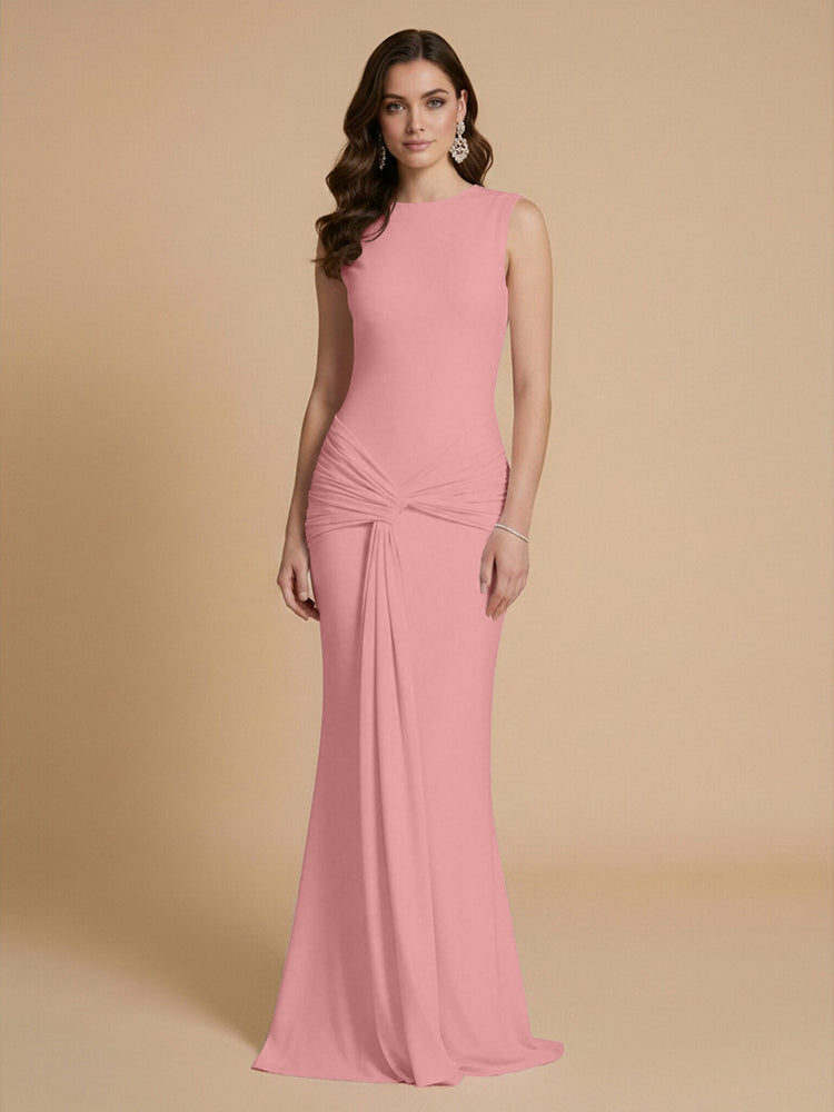Jersey Mermaid Scoop Neck Long Bridesmaid Dresses with Sash