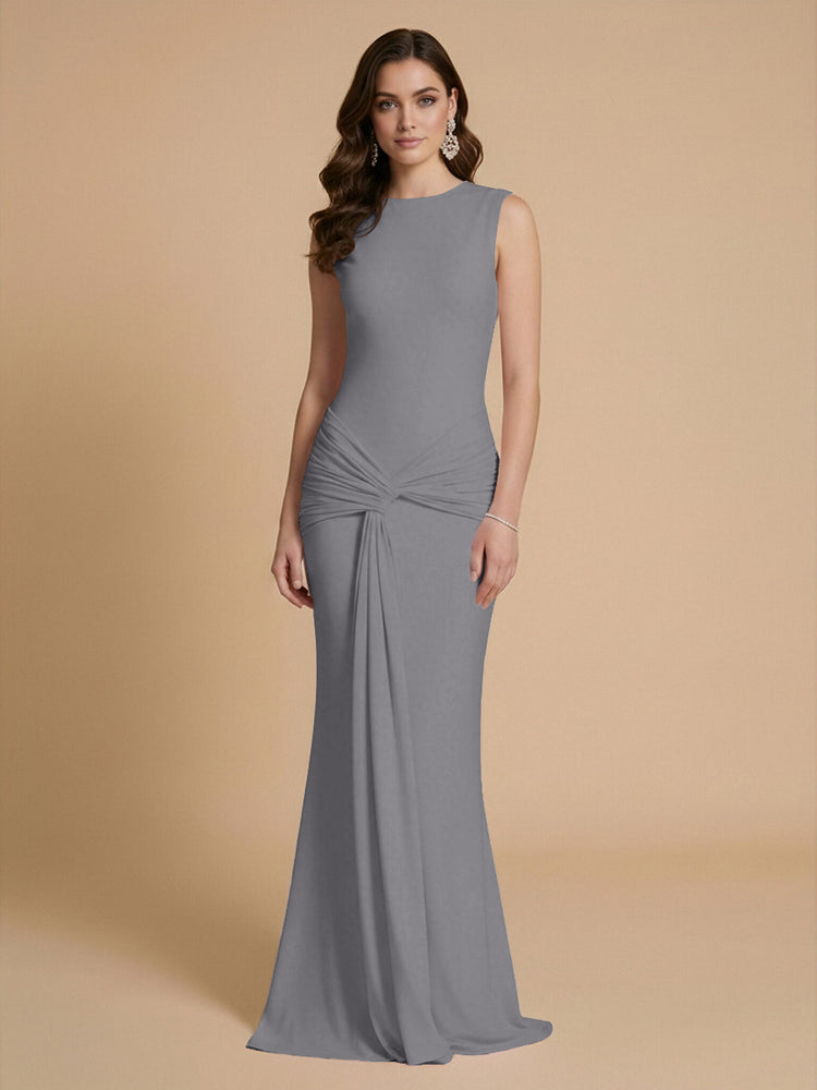 Jersey Mermaid Scoop Neck Long Bridesmaid Dresses with Sash