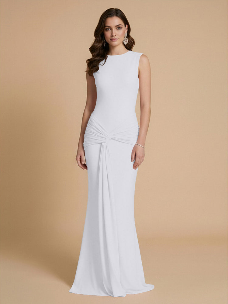 Jersey Mermaid Scoop Neck Long Bridesmaid Dresses with Sash