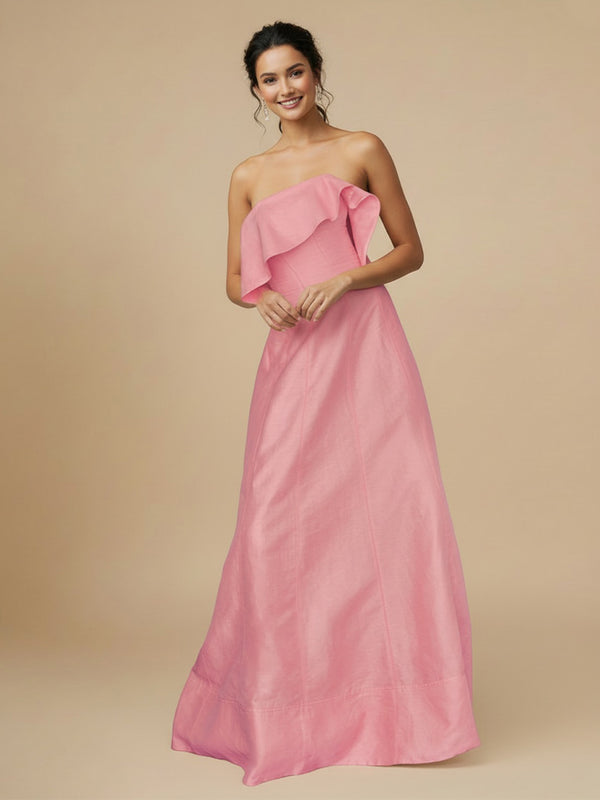 Taffla A-Line Strapless Long Bridesmaid Dresses with Ruffles
