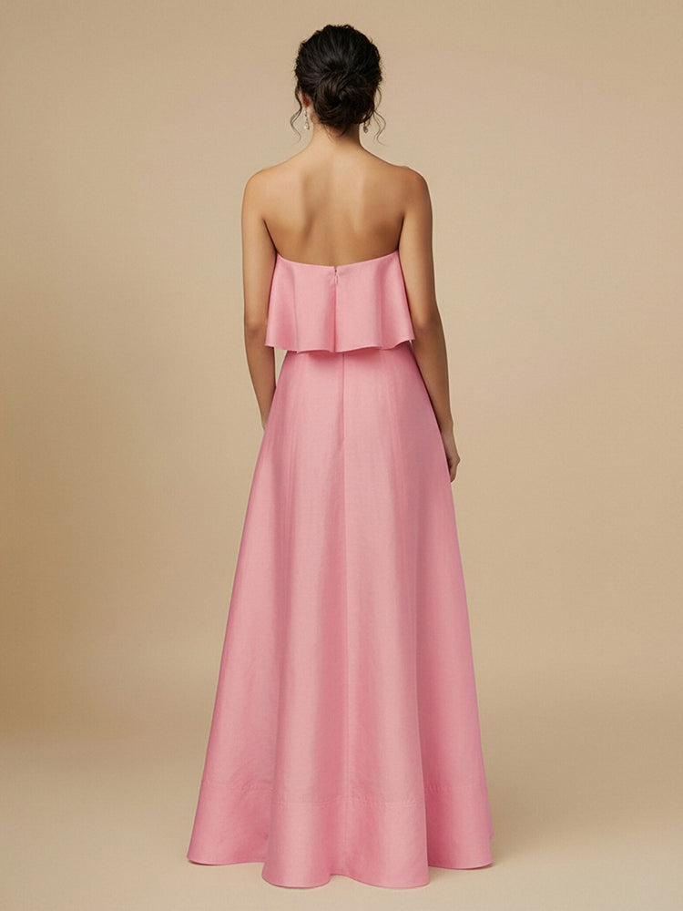 Taffla A-Line Strapless Long Bridesmaid Dresses with Ruffles