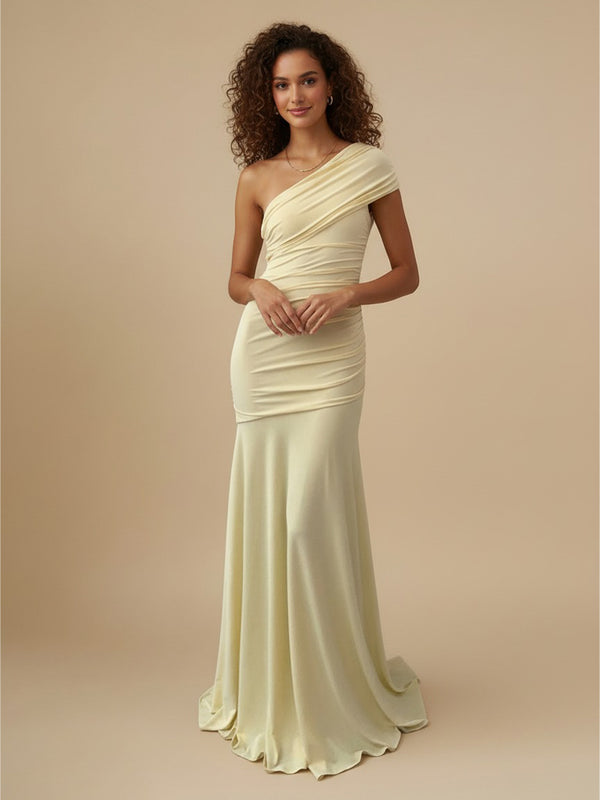 Jersey Mermaid One Shoulder Long Bridesmaid Dresses with Pleats
