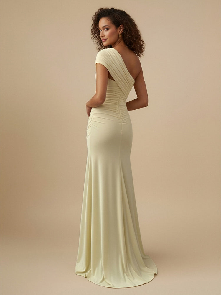 Jersey Mermaid One Shoulder Long Bridesmaid Dresses with Pleats