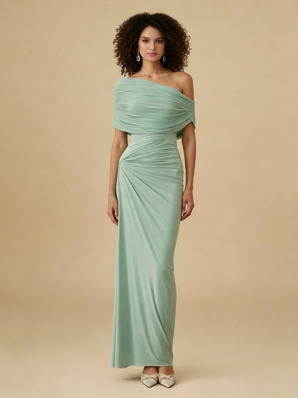 Jersey Mermaid Asymmetric Neck Long Ruched Bridesmaid Dresses