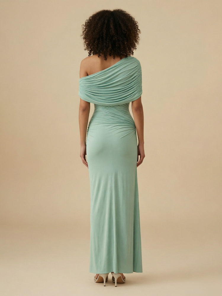 Jersey Mermaid Asymmetric Neck Long Ruched Bridesmaid Dresses