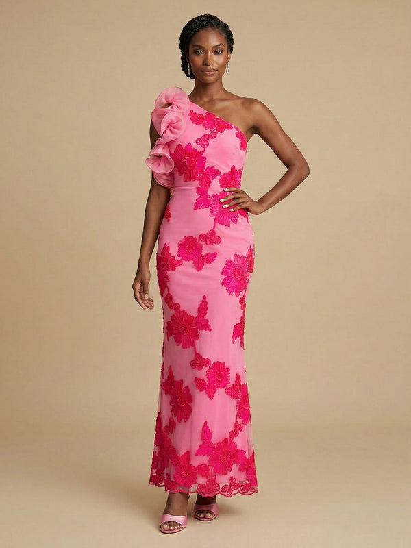 Tulle Mermaid One Shoulder Long Bridesmaid Dresses with 3D Flowers
