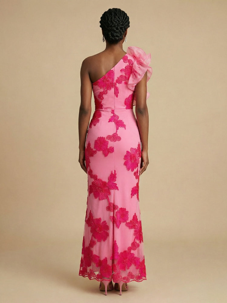 Tulle Mermaid One Shoulder Long Bridesmaid Dresses with 3D Flowers