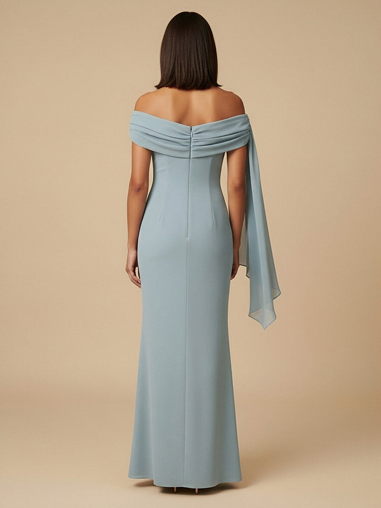 Jersey Mermaid Off the Shoulder Long Bridesmaid Dresses with Sash