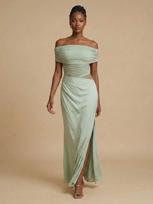 Satin Mermaid Off the Shoulder Long Bridesmaid Dresses with Side Slit