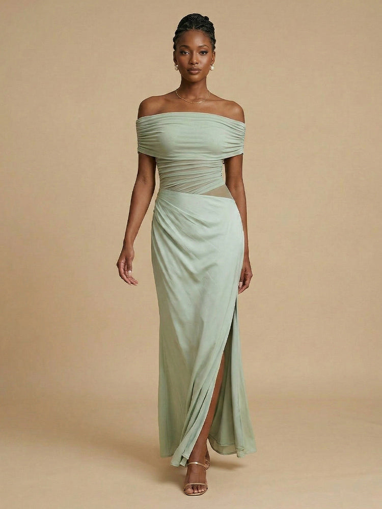 Satin Mermaid Off the Shoulder Long Bridesmaid Dresses with Side Slit