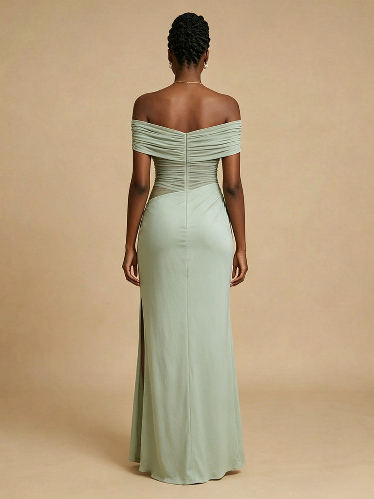 Satin Mermaid Off the Shoulder Long Bridesmaid Dresses with Side Slit