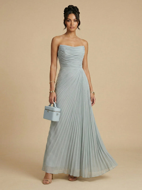 Chiffon A-Line Strapless Long Bridesmaid Dresses with Pleats