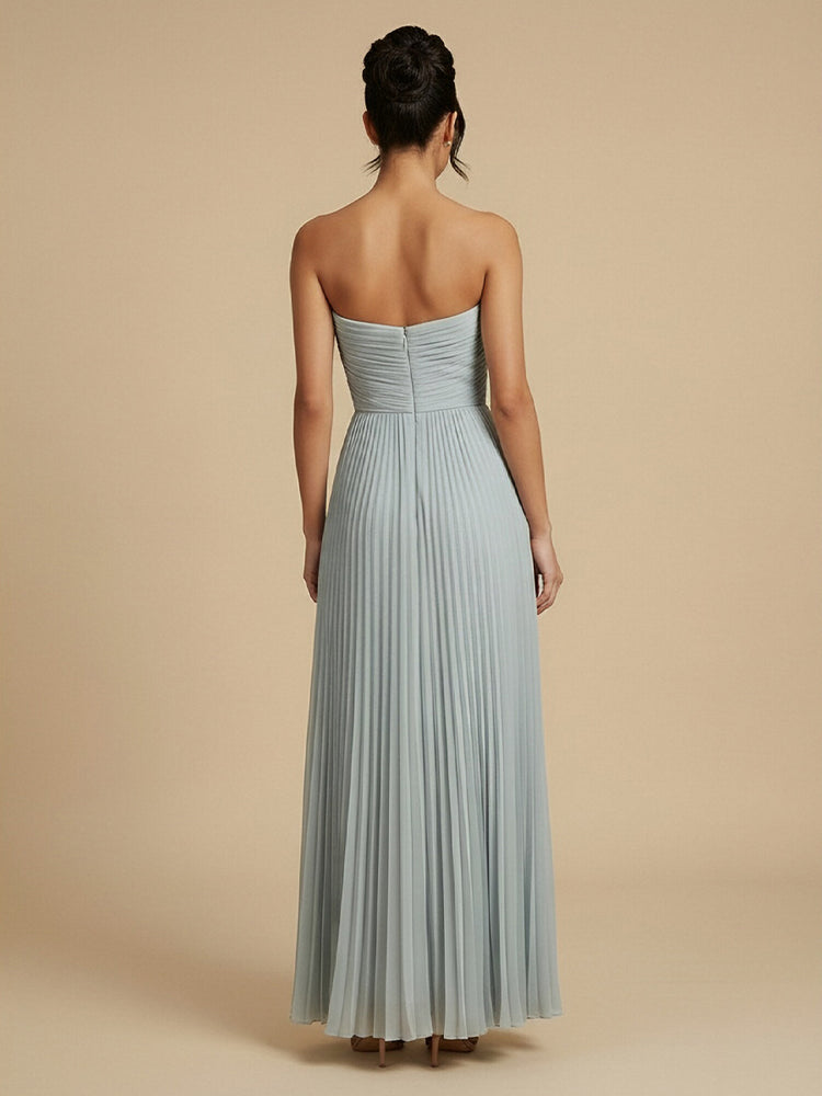 Chiffon A-Line Strapless Long Bridesmaid Dresses with Pleats