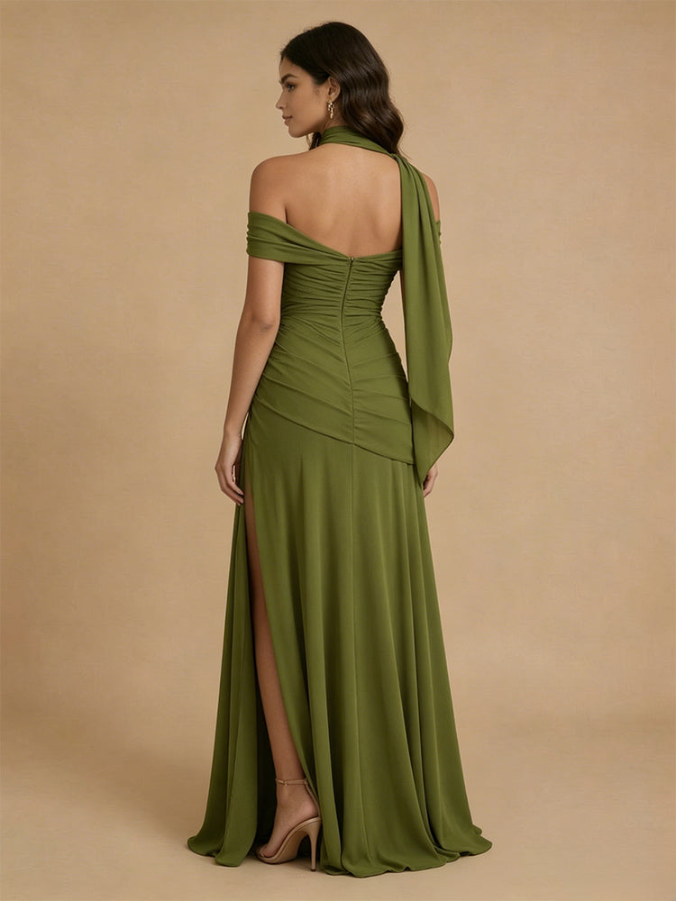 Chiffon A-Line Off the Shoulder Long Bridesmaid Dresses with Sash