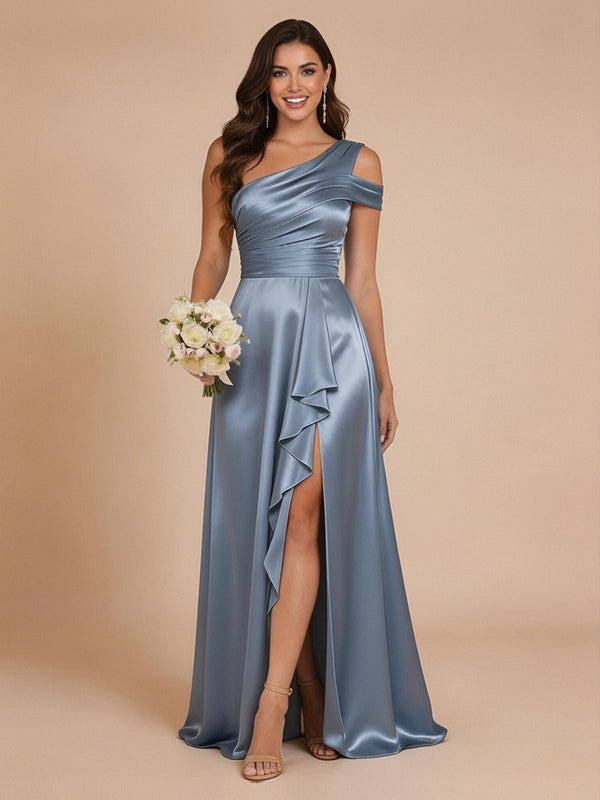 Satin A-Line One Shoulder Long Bridesmaid Dresses with Front Slit