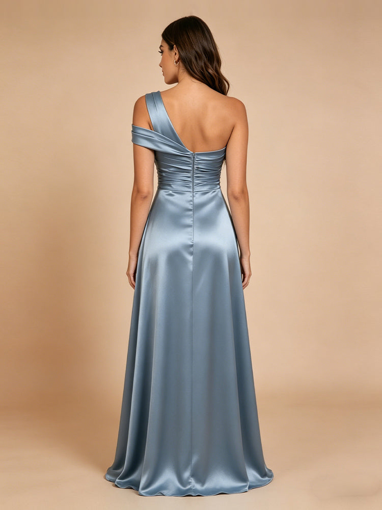 Satin A-Line One Shoulder Long Bridesmaid Dresses with Front Slit