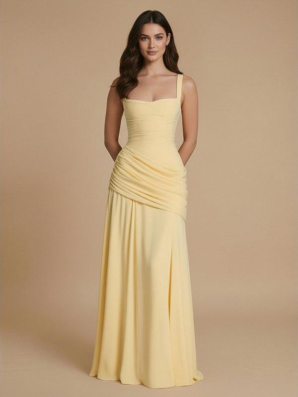 Jersey A-Line Boat Neck  Long Bridesmaid Dresses with Pleats
