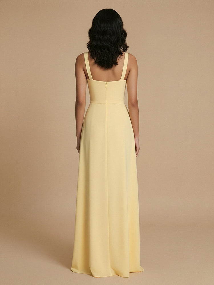 Jersey A-Line Boat Neck  Long Bridesmaid Dresses with Pleats