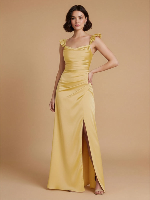 Satin A-Line Boat Neck  Long Bridesmaid Dresses with Side Slit