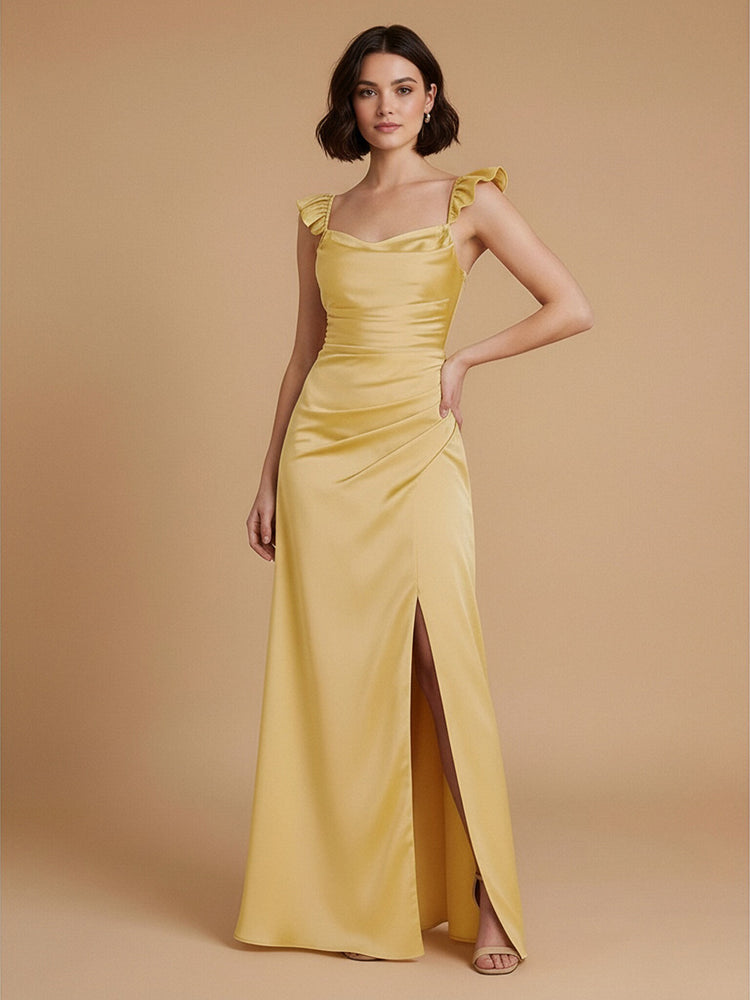 Satin A-Line Boat Neck  Long Bridesmaid Dresses with Side Slit
