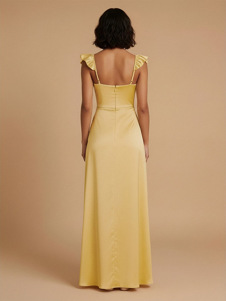 Satin A-Line Boat Neck  Long Bridesmaid Dresses with Side Slit