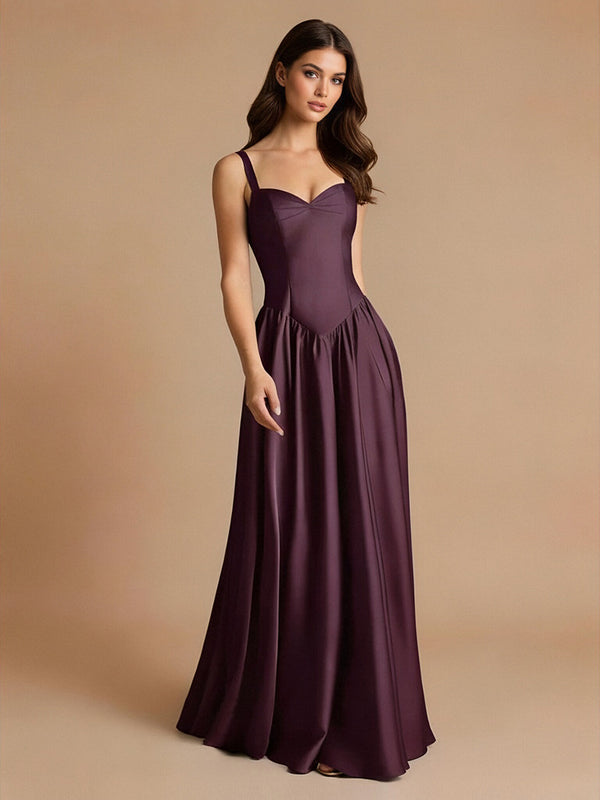 Satin A-Line Sweetheart Long Bridesmaid Dresses with Pleats