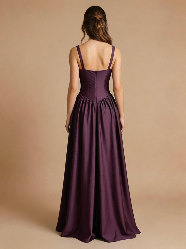 Satin A-Line Sweetheart Long Bridesmaid Dresses with Pleats