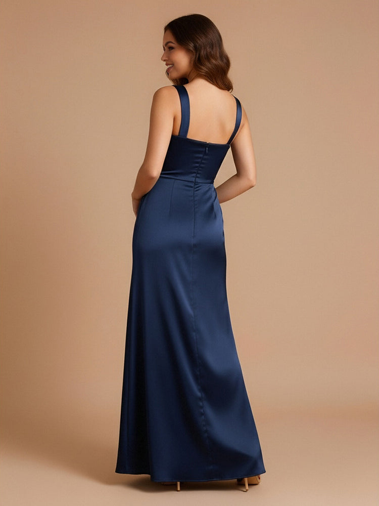 Satin Mermaid Square Neck Long Bridesmaid Dresses with Front Slit