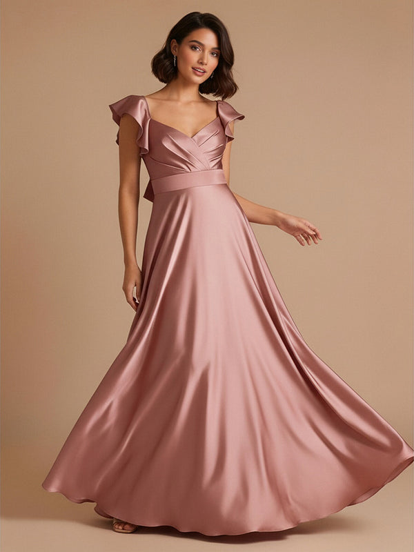 Satin A-Line V Neck Long Bridesmaid Dresses with Bow