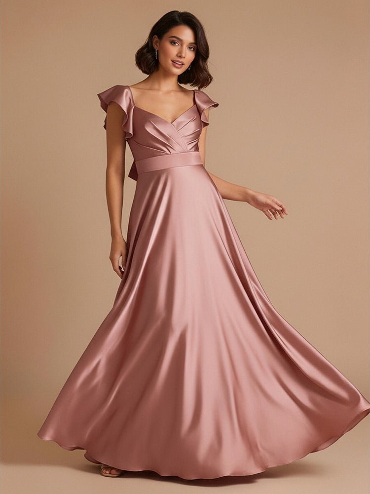 Satin A-Line V Neck Long Bridesmaid Dresses with Bow