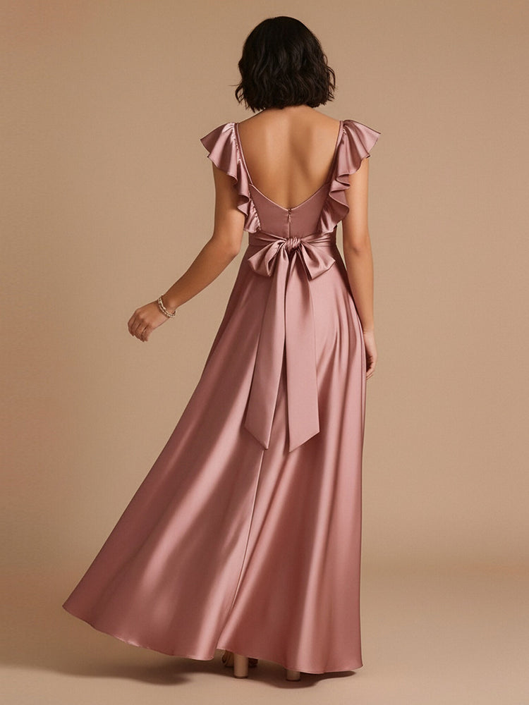 Satin A-Line V Neck Long Bridesmaid Dresses with Bow