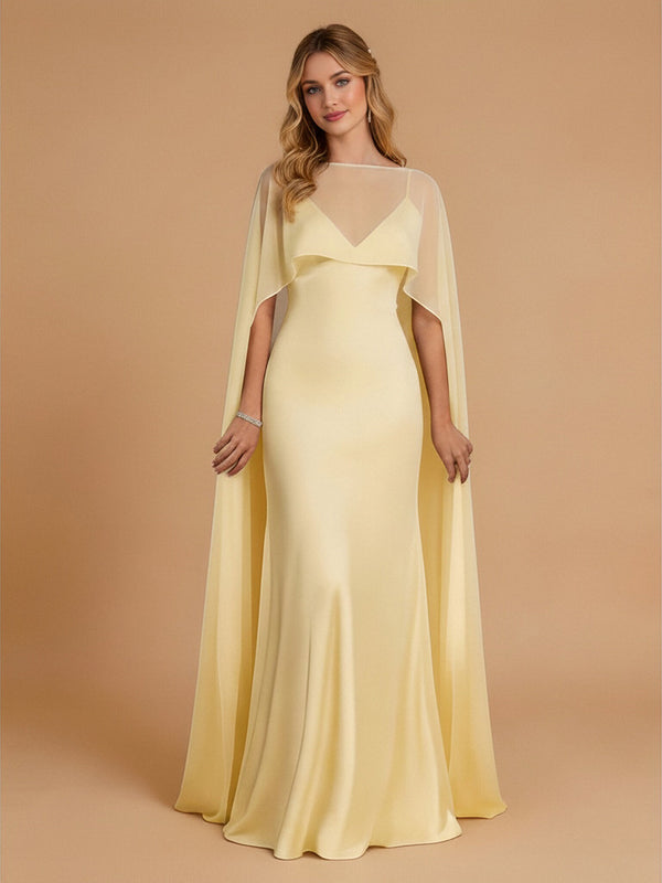 Satin Mermaid Spaghetti Straps Long Bridesmaid Dresses with Cape