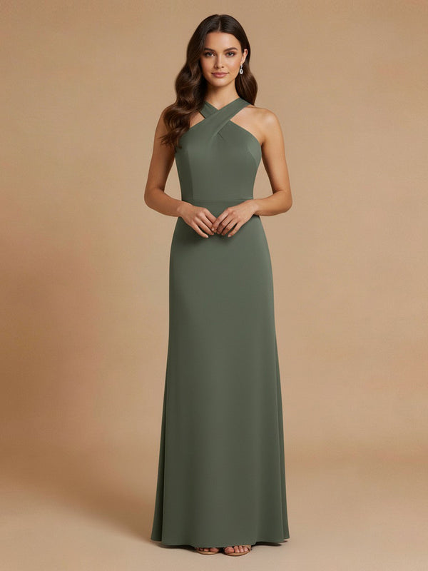 Satin A-Line Halter Long Bridesmaid Dresses with Pleats