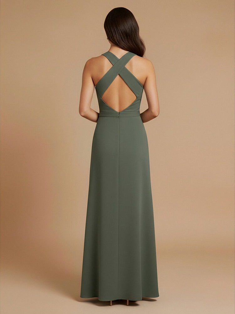 Satin A-Line Halter Long Bridesmaid Dresses with Pleats