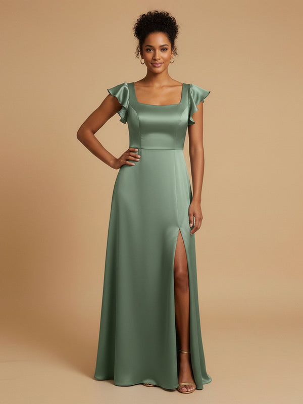 Satin A-Line Square Neck Long Bridesmaid Dresses with Side Slit
