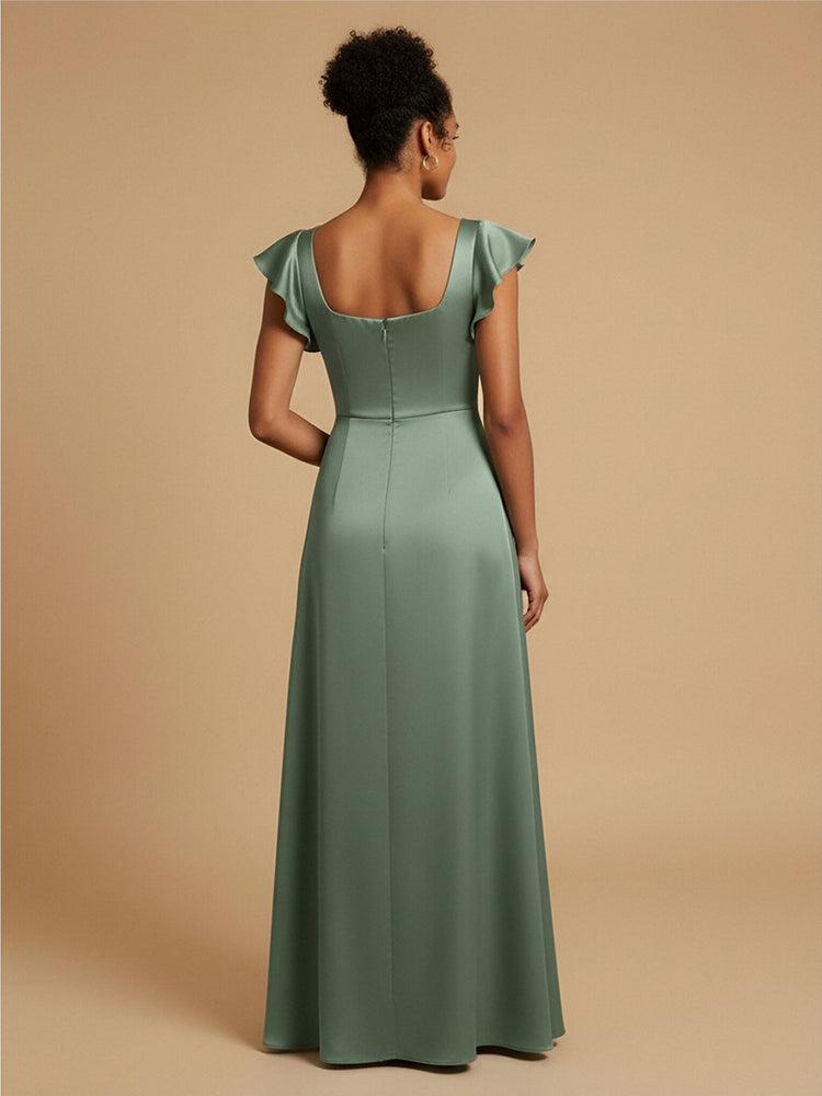 Satin A-Line Square Neck Long Bridesmaid Dresses with Side Slit