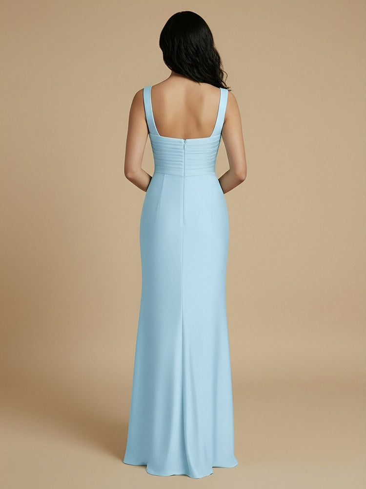 Satin Mermaid Square Neck Long Ruched Bridesmaid Dresses