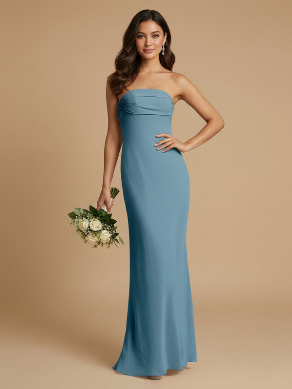 Satin Chiffon Mermaid Strapless Long Ruched Simple Bridesmaid Dresses