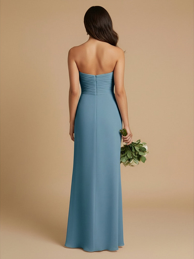 Satin Chiffon Mermaid Strapless Long Ruched Simple Bridesmaid Dresses