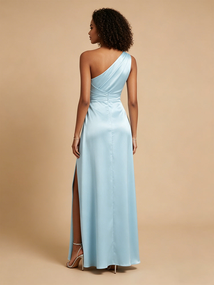 Satin Mermaid One Shoulder Long Bridesmaid Dresses with Slit