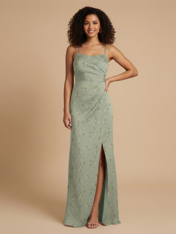 Floral Mermaid Spaghetti Straps Long Bridesmaid Dresses with Side Slit