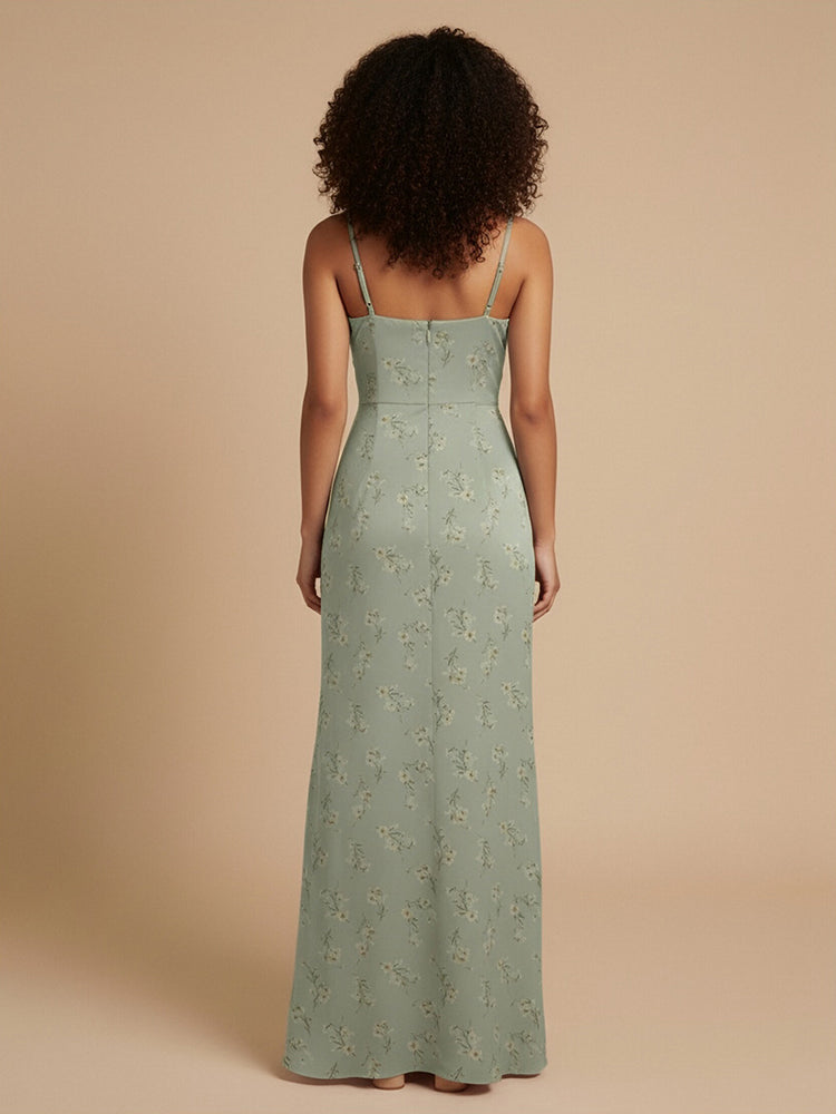 Floral Mermaid Spaghetti Straps Long Bridesmaid Dresses with Side Slit